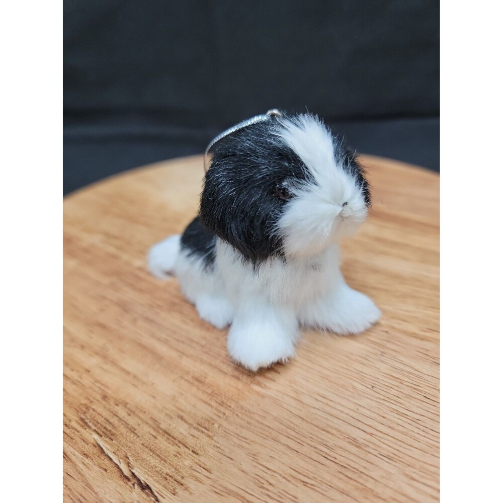 Faux Fur Black/White Dog Ornament 2.5x3